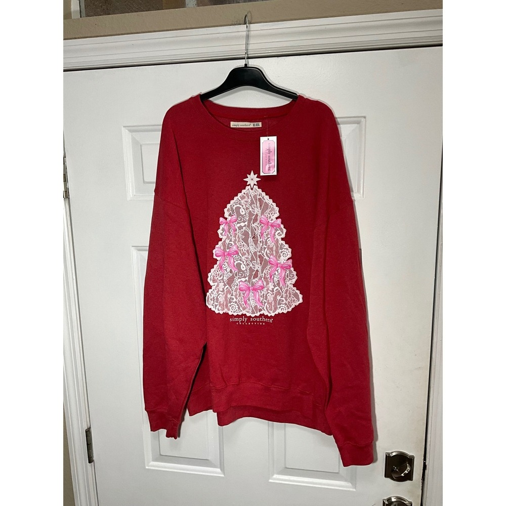 Simply Southern Red Christmas Tree Lace Bows Sweatshirt XL-XXL New
